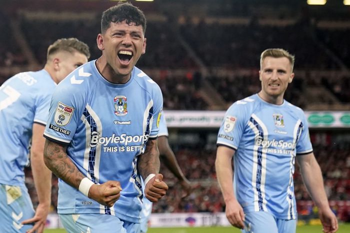 Coventry City players celebrate Championship playoff win over Middlesbrough.