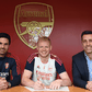 Aaron Ramsdale pose with Mikel Arteta and Edu Gasper after signing a new contract