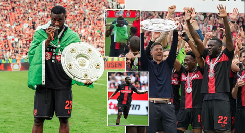 Victor Boniface: Super Eagles striker celebrates Leverkusen's UNBEATEN season with Nigerian flag