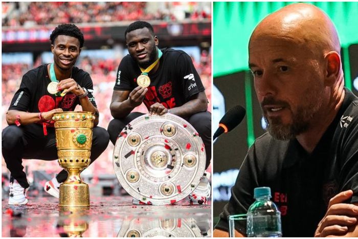 Bayer Leverkusen's Nigerian players Tella, Boniface, and new boss, Erik Ten Hag.