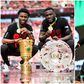 Bayer Leverkusen's Nigerian players Tella, Boniface, and new boss, Erik Ten Hag.