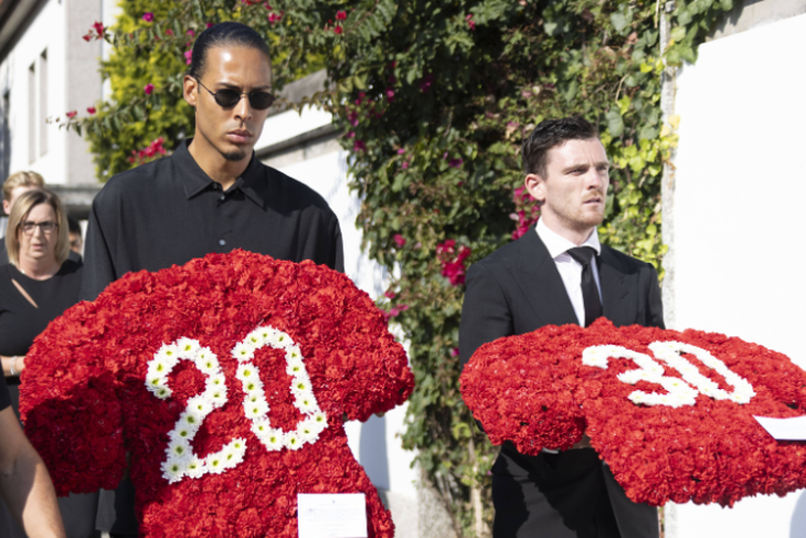 Virgil Van Dijk and Andy Robertson led mourners with two touching wreathes emblazoned with Diogo s number 20 and André s number 30 || Image credit: Imago