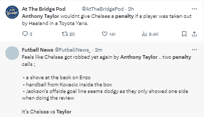 See what Chelsea fans are saying about Anthony Taylor after the loss to Manchester City in their Premier League opener.