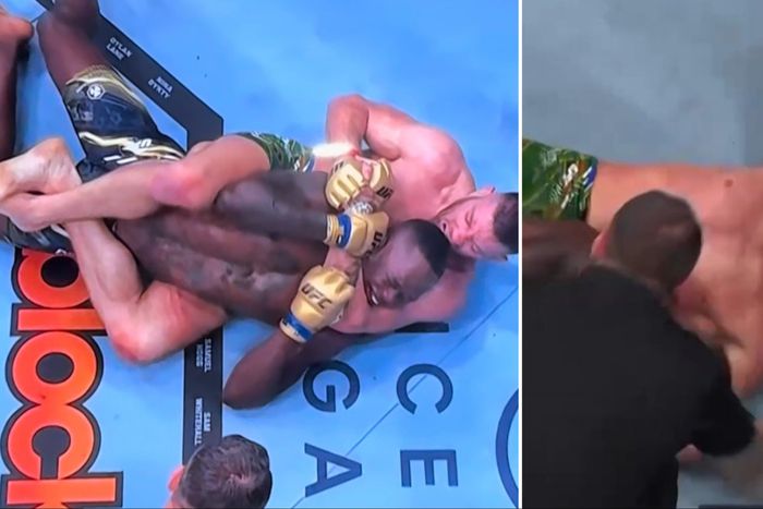 South African Dricus du Plessis tries to break  Nigeria's Israel Adesanya's neck to win by submission at UFC 305.