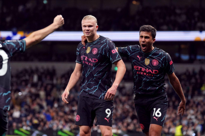 Manchester City s Erling Haaland celebrates scoring their side s second goal of the game with team-mate Rodri during the Premier League match at the Tottenham Hotspur Stadium || Image credit: Imago