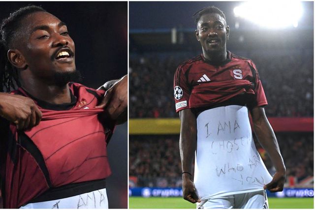 Victor Olatunji celebrates for Prague.