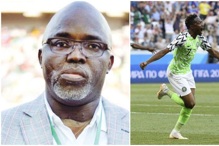 Former NFF boss Amaju Pinnick (left) and Ahmed Musa, Super Eagles skipper.