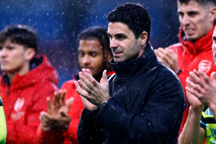 Football - 2023 / 2024 Premier League - Burnley vs Arsenal - Turf Moor - Saturday 17th February 2024 Arsenal manager Mikel Arteta celebrates with his players after his team gained a 5-0 win, at Turf Moor. || Image credit: Imago