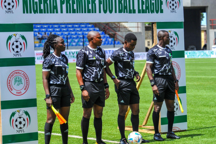 LAGOS, NIGERIA - JUNE 5: Referees during the Nigeria Professional Football League (NPFL) - Super League 6 match between Lobi Stars and Enyimba at Mobolaji Bank-Anthony Stadium on June 5, 2023 in Lagos, Nigeria. Photo by Shengolpixs