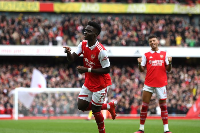Bukayo Saka celebrates scoring for Arsenal against Crystal Palace