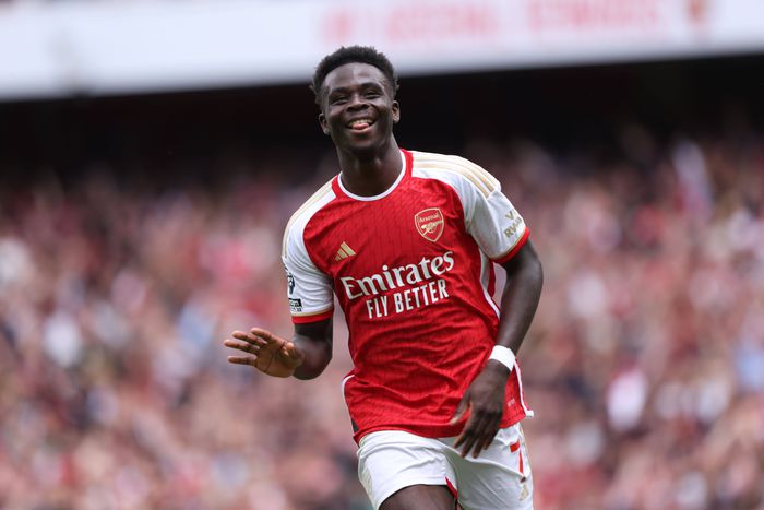 Bukayo Saka celebrates a goal for Arsenal Photo. Imago