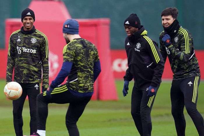 Manchester United's Luke Shaw and Marcus Rashford in training.