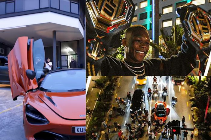 Adesanya was impressed as he took his two UFC belts into a supercar while a convoy of five other cars and 6 superbikes followed.
