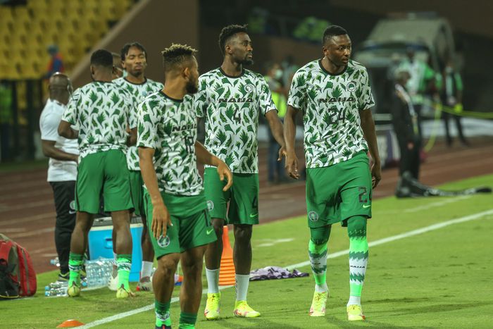 CHIDERA EJUKE, Wilfred Ndidi and UMAR SADIQ of Nigeria during the 2021 Africa Cup of Nations match between Guinea Bissau and Nigeria at Stade Roumde Adjia on January 19, 2022 in Garoua, Cameroon. (Photo by Imago Shengolpixs Tobi Adepoju