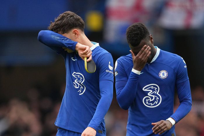 Benoit Badiashile and Kai Havertz of Chelsea.