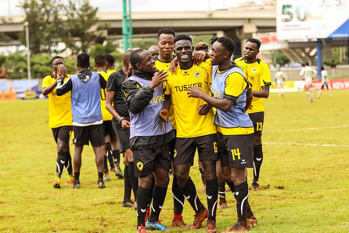 Tusker players celebrate David Odoyo's goal during their quater-final clash against Sofapaka last month. Photo Credit: Mozzart Bet Cup