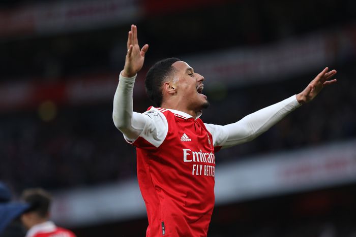 William Saliba of Arsenal celebrates Reiss Nelson s last minute winning goal during the Premier League match between Arsenal and Bournemouth at the Emirates Stadium, London, England on 4 March 2023.