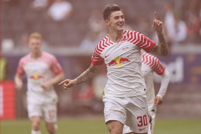 Leipzig striker Benjamin Sesko celebrating a goal || Image credit: Imago