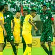 Paul Onuachu, Wilfred Ndidi of Nigeria and Teboho Mokoena of South Africa during the 2026 FIFA World Cup Qualifier match between Nigeria and South Africa at Goodswill Akpabio Stadium on June 7, 2024 in Uyo, Nigeria. Photo by Oty Silas