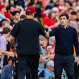 Jürgen Klopp (L) and Andoni Iraola shake hands after the FA Premier League match between Liverpool FC and AFC Bournemouth at Anfield || Imago