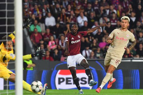 Victor Olatunji fires the historic goal for Sparta Prague.