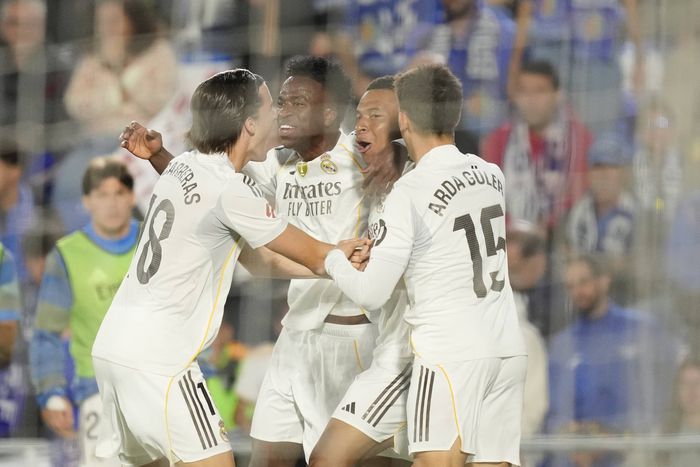 Kylian Mbappe centre-forward of Real Madrid and France celebrates after scoring his sides first goal with teammates during the LaLiga EA Sports match between Getafe CF and Real Madrid CF || Image credit: Imago