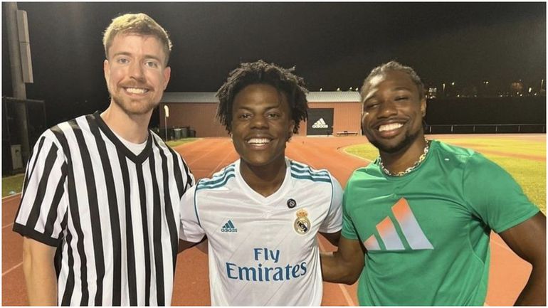 Mr Beast (left), iShowspeed (middle) and Noah Lyles (right) after their celebrity race.