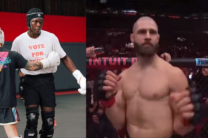 Nigerian Stylebender Israel Adesanya reacts to a dramatic stance of Jiri Prochazka against Jamahal Hill at UFC 311.