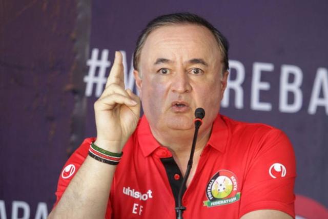 Harambee Stars head coach Engin Firat talking to the press in Nairobi.