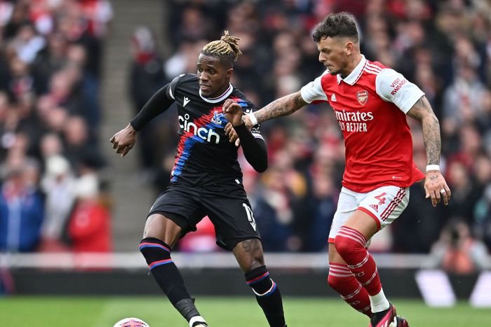 Arsenal’s Ben White against Wilfried Zaha of Crystal Palace.