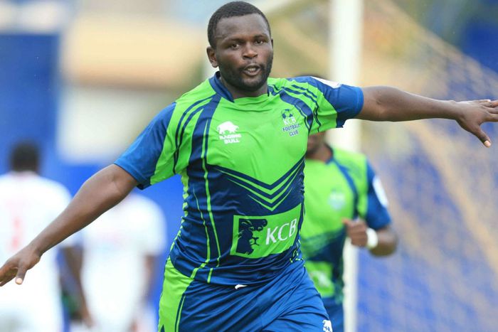 Enock Agwanda of KCB celebrates a goal during a KPL match.