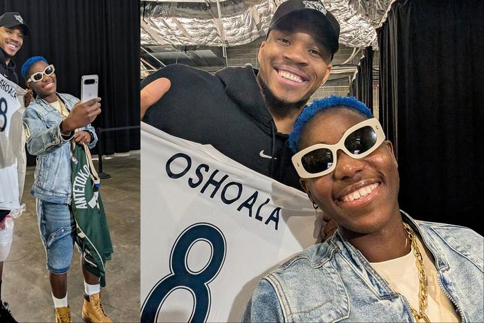 Nigerian Freak Giannis Antetokounmpo juggles the ball as he teams up with Agba Baller Asisat Oshoala at an NBA game between the Golden State Warriors and Milwaukee Bucks.