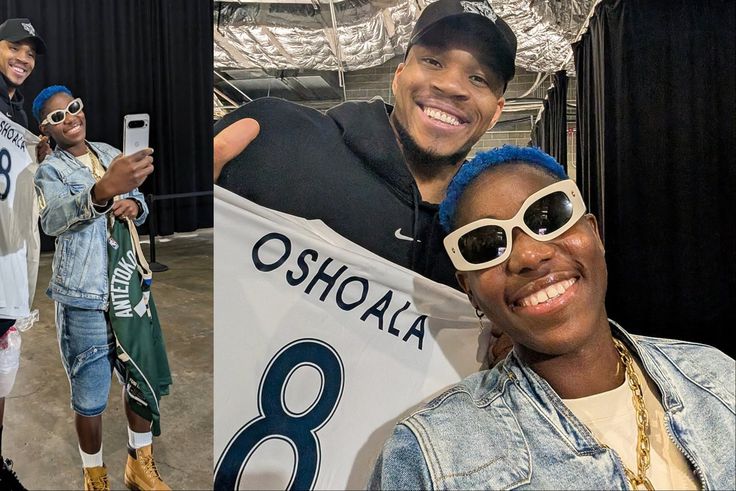 Nigerian Freak Giannis Antetokounmpo juggles the ball as he teams up with Agba Baller Asisat Oshoala at an NBA game between the Golden State Warriors and Milwaukee Bucks.