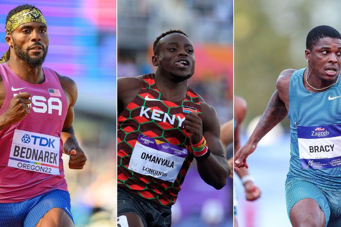 Kenny Bednarek (L), Ferdinand Omanyala (C) and Marvin Bracy (R)