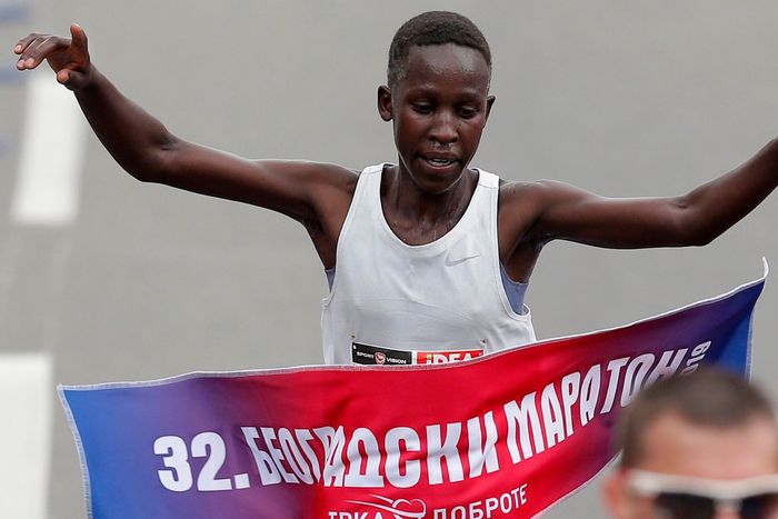 Judith Jeptum Korir celebrates as she passes the finish line at the 32nd Belgrade marathon.