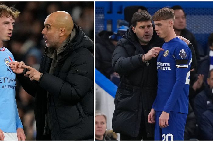 Pep Guardiola and Mauricio Pochettino with Cole Palmer.