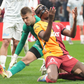Victor Osimhen (45) of Galatasaray and Goalkeeper Diogo Sousa of Bodrum battle for the ball during the Turkish Super League match between Galatasaray and Bodrum at Rams Park Stadium on April 18, 2025 in Istanbul, Turkey. Copyright: xSeskimPhotox