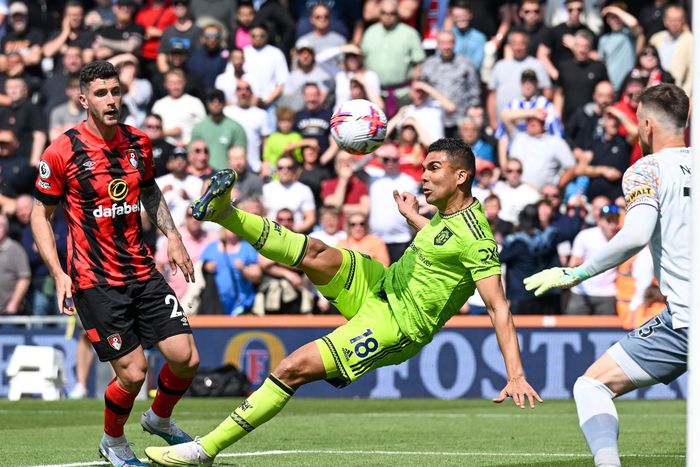 Casemiro scores an acrobatic goal for Manchester United against Bournemouth.