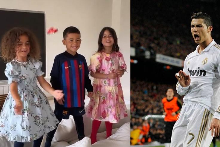 Cristiano Ronaldo's son celebrates wearing Barcelona jersey