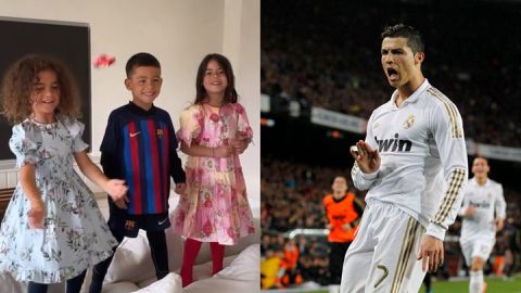 Cristiano Ronaldo's son celebrates wearing Barcelona jersey