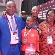 Eunice Mburu of Kenya (centre) after winning bronze at the Africa Wrestling Championships.
