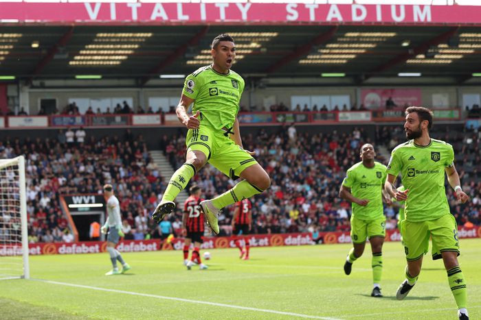 Casemiro celebrates his winning goal for Manchester United against Bournemouth