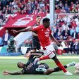 Taiwo Awoniyi celebrating his winning goal for Nottingham Forest against Arsenal