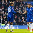 Christopher Nkunku (Chelsea FC) celebrates after scoring with Renato Veiga (Chelsea FC) at Stamford Bridge COLORSPORT DANIEL BEARHAM