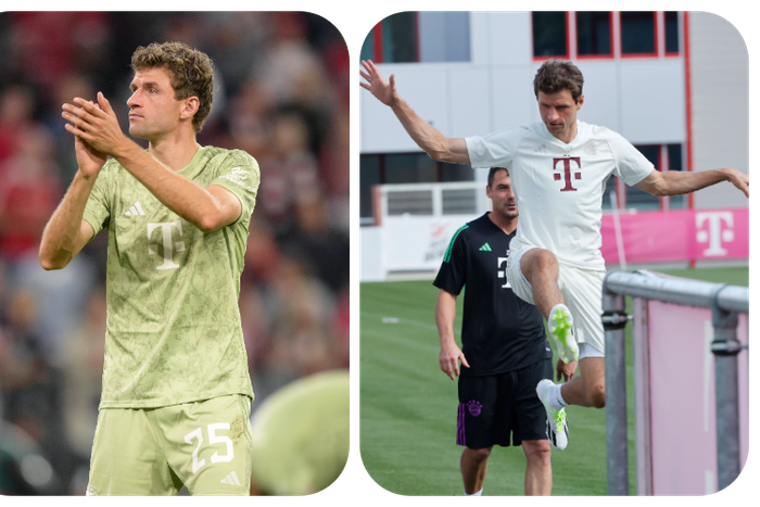 Thomas Muller making jest of Man United in trainingThomas Muller making jest of Man United during a training session
