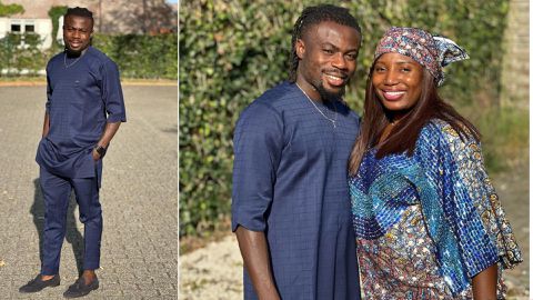 Super Eagles star Moses Simon shows off Nigerian attire with wife in France