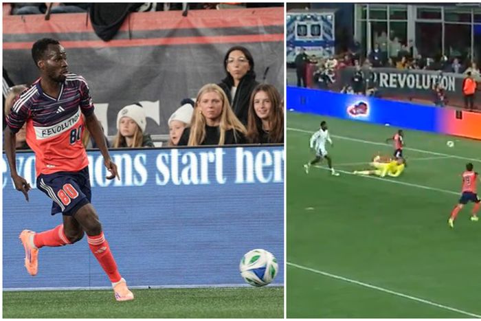 New England Revolution midfielder Alhassan Yusuf (Number 80) chips the goalkeeper for his goal.