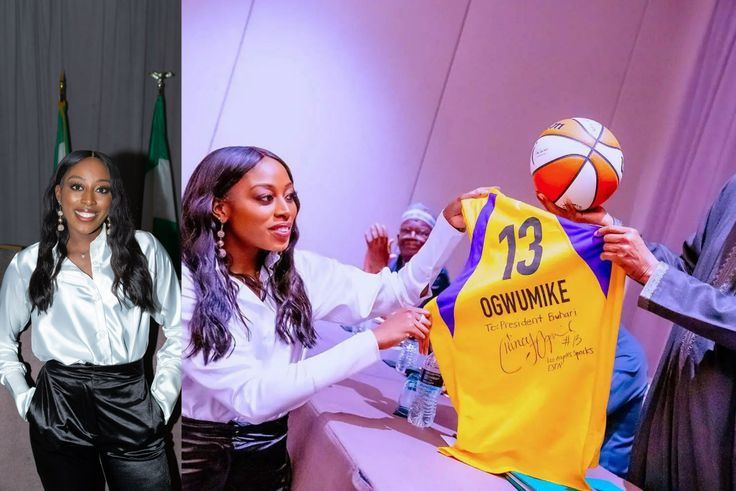 American basketball star Chiney Ogwumike gifts President Buhari a WNBA jersey