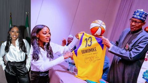 American basketball star Chiney Ogwumike gifts President Buhari a WNBA jersey