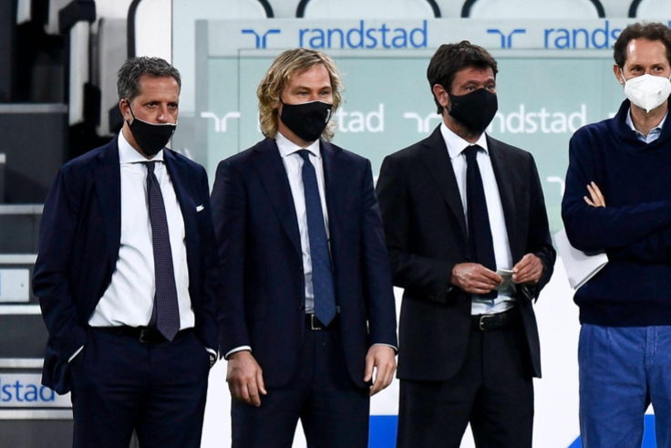 Fabio Paratici (L), Chief Football Officer of Juventus FC, Pavel Nedved (2nd from L), vice-chairman of the Juventus FC board of directors, Andrea Agnelli (2nd from R), chairman of Juventus FC, and John Elkann (R), chairman and CEO of Exor,